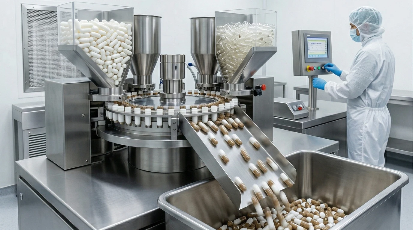 Capsule production equipment in a supplement manufacturing scene